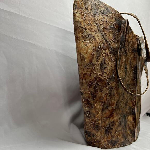Luxury Artisan Leather Leaf Texture Tote Bag Handmade Brown Earthy Boho Heritage - Picture 3 of 16
